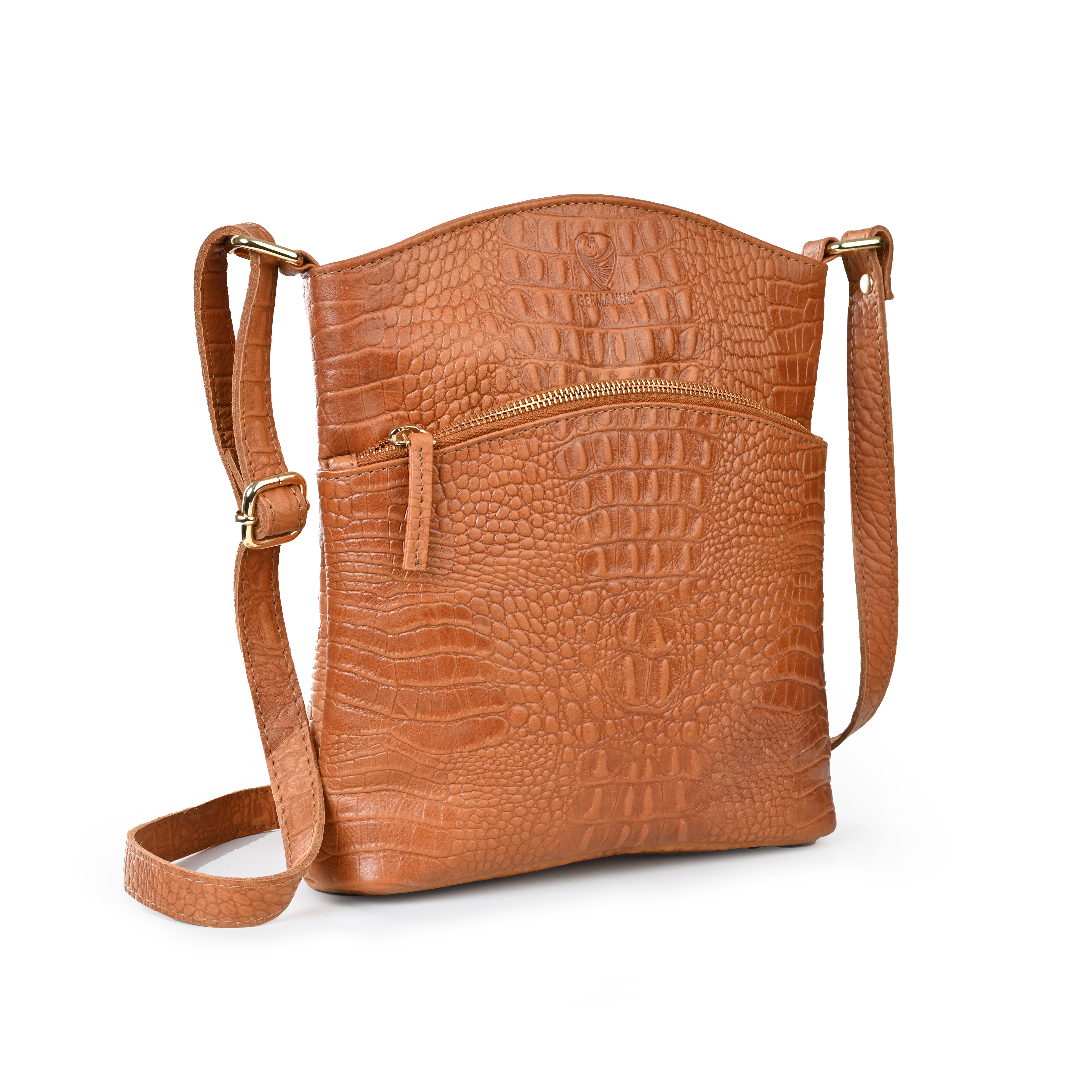 GERMANUS Ladies Handbag Crossbody Bag Uli in brown leather Croco leather embossing with golden applications